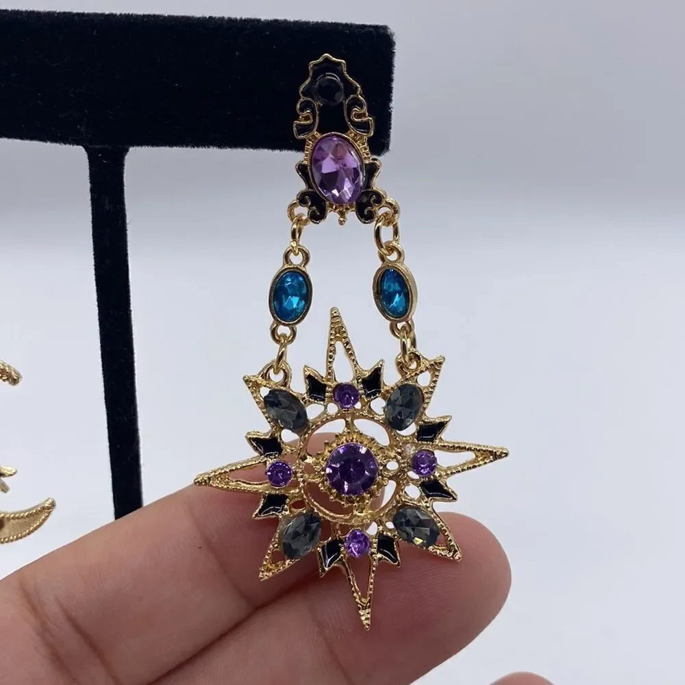 🔅🆕🔅 🌙 💜 Elegant Crystal Sun Moon Drop Long Earrings ☀️🌙✨